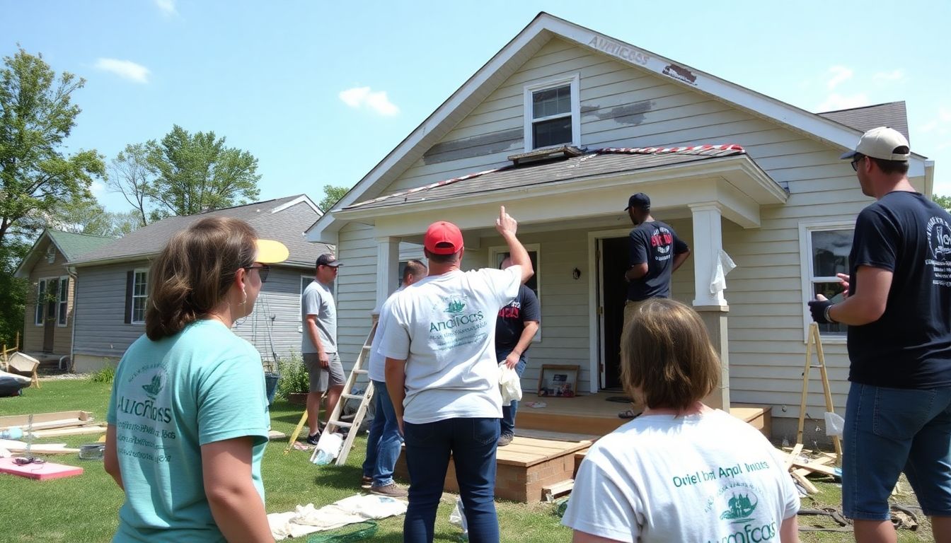 A group of Kentucky residents and AmeriCorps volunteers working together to renovate a home damaged by a recent natural disaster.