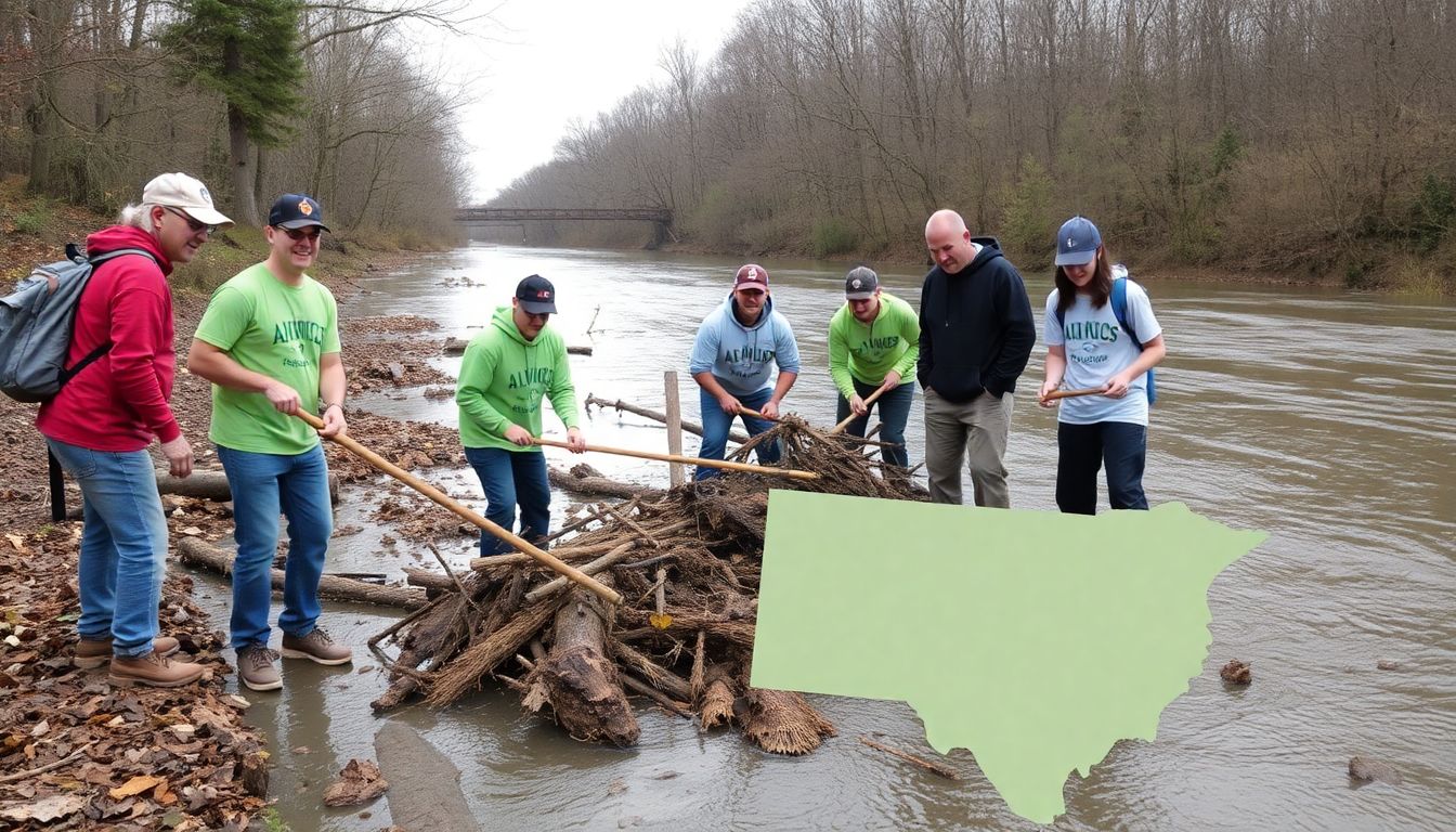 AmeriCorps volunteers from different states working together to clear debris from a flooded river, with a map of the region in the background.