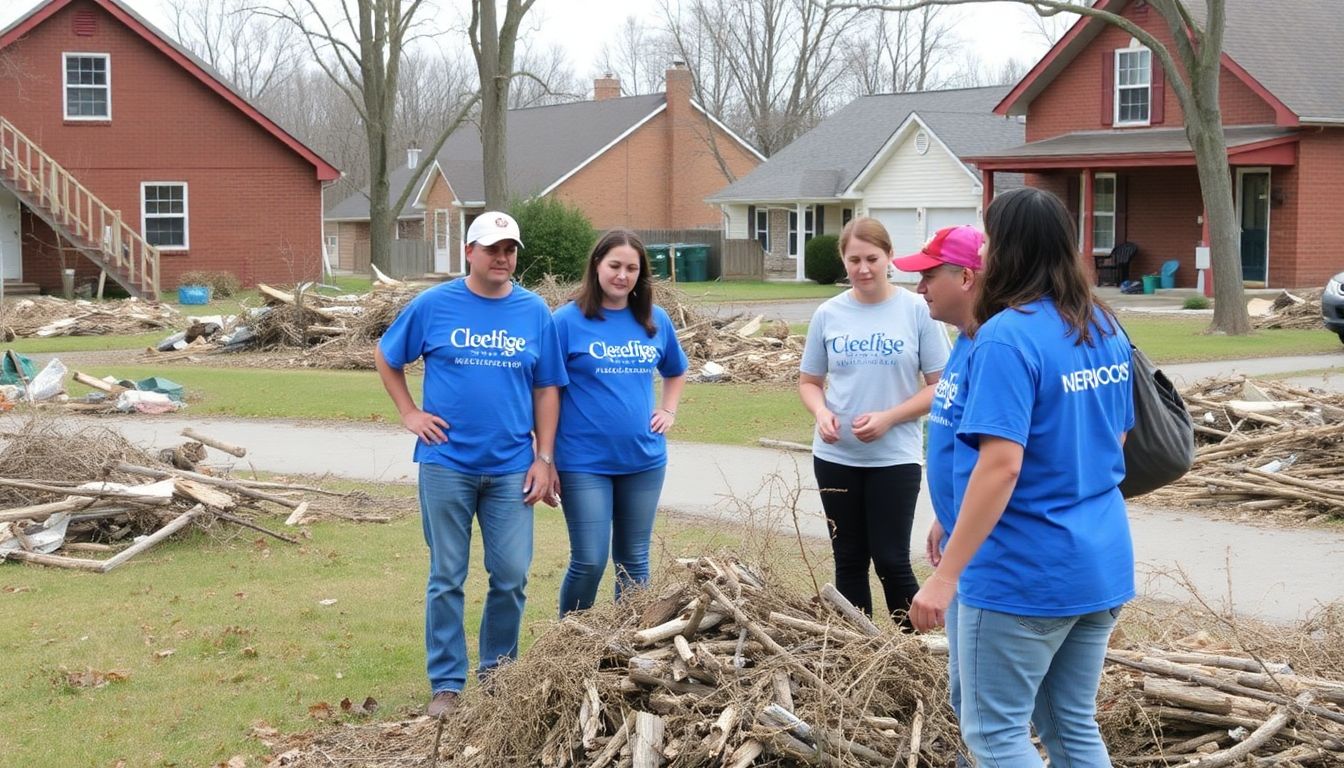 AmeriCorps volunteers working side by side with Kentucky residents to clear debris from a tornado-ravaged neighborhood.