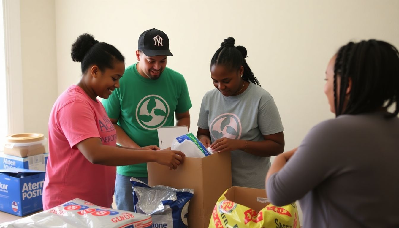 A family in Kentucky preparing an emergency supply kit, with AmeriCorps' logo visible in the background.