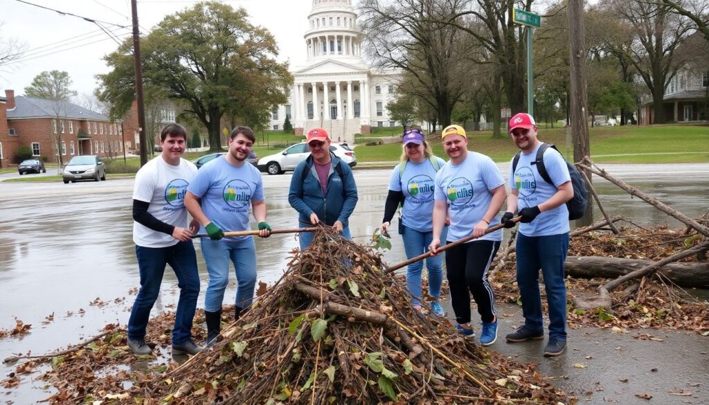 A group of AmeriCorps volunteers working together to clear debris from a flooded street in Kentucky, with the state capitol building in the background.