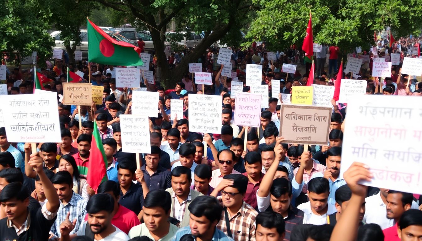 A sea of protesters in Bangladesh, with placards demanding change.