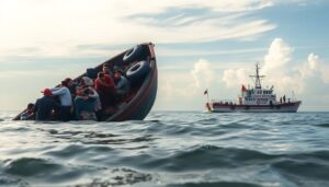 A captivating image of the Rohingya refugees on their capsized boat, with the Indonesian coast guard vessel approaching, symbolizing hope and rescue.