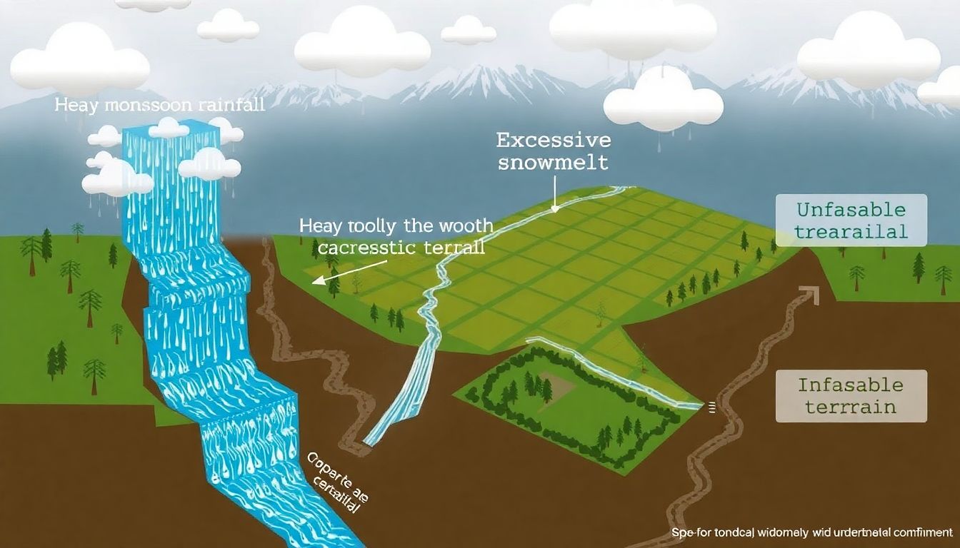 A graphic illustrating the combination of heavy monsoon rainfall, excessive snowmelt, and unstable terrain leading to the catastrophic flood.