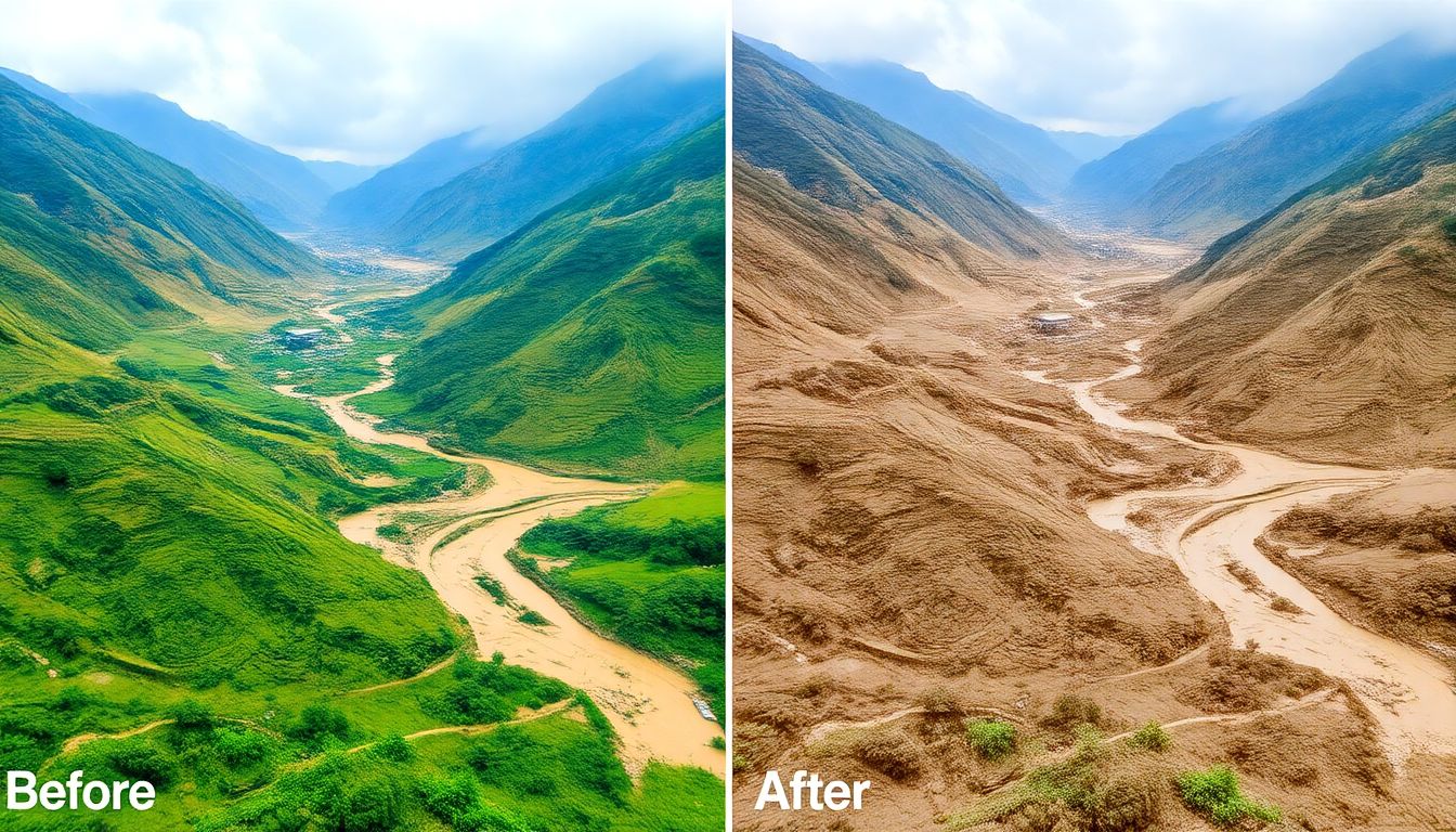 A before-and-after image pair of the Melamchi Valley, showing the lush green landscape before the flood and the mud-covered terrain after the disaster.