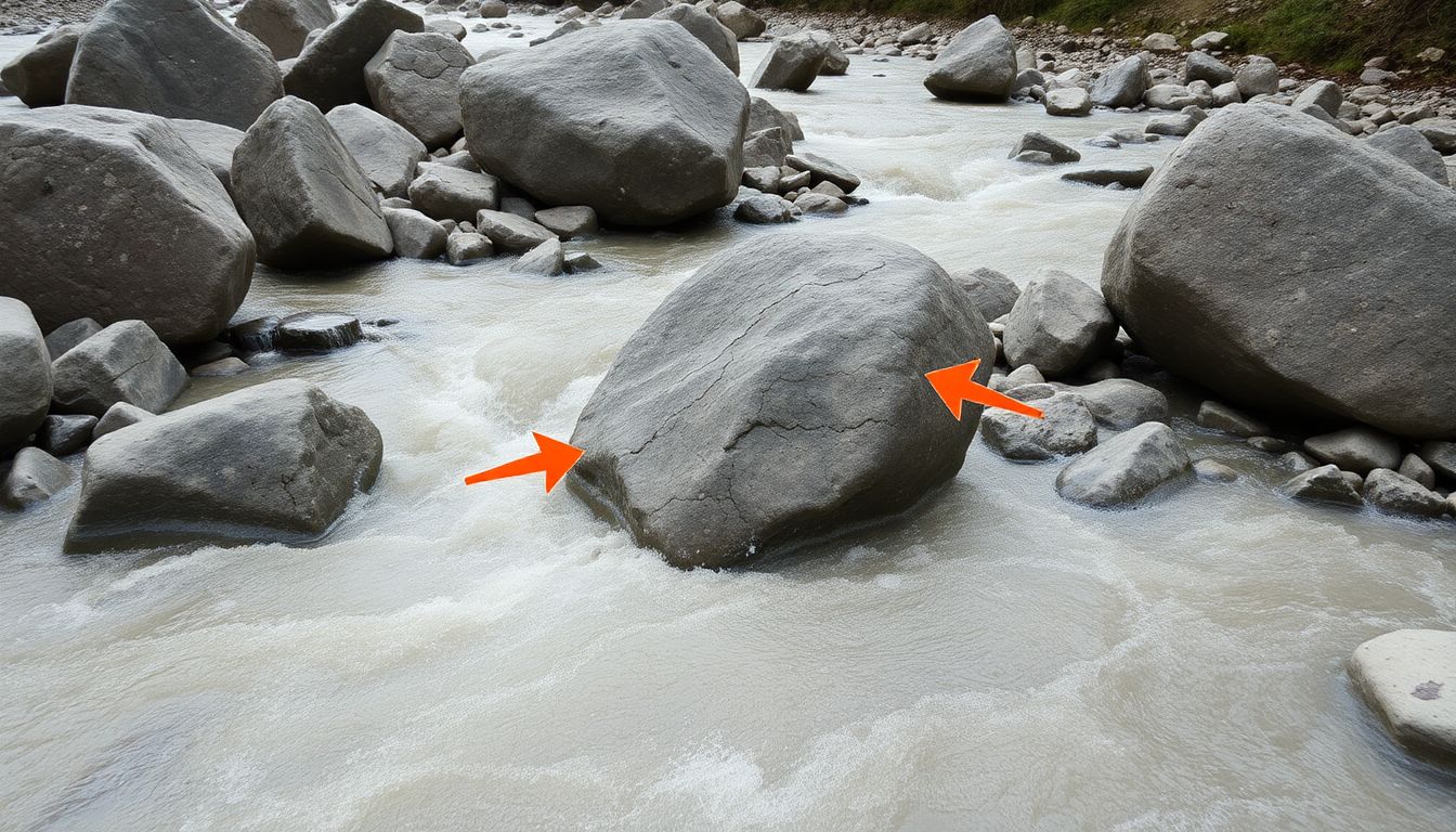 A close-up image of boulders in the riverbed, with arrows indicating their movement and scale, illustrating the flood's immense power.