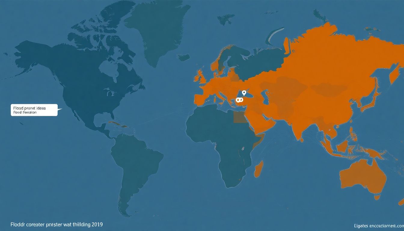 A world map highlighting flood-prone areas and regions vulnerable to similar flooding events, with icons representing the factors contributing to these disasters.