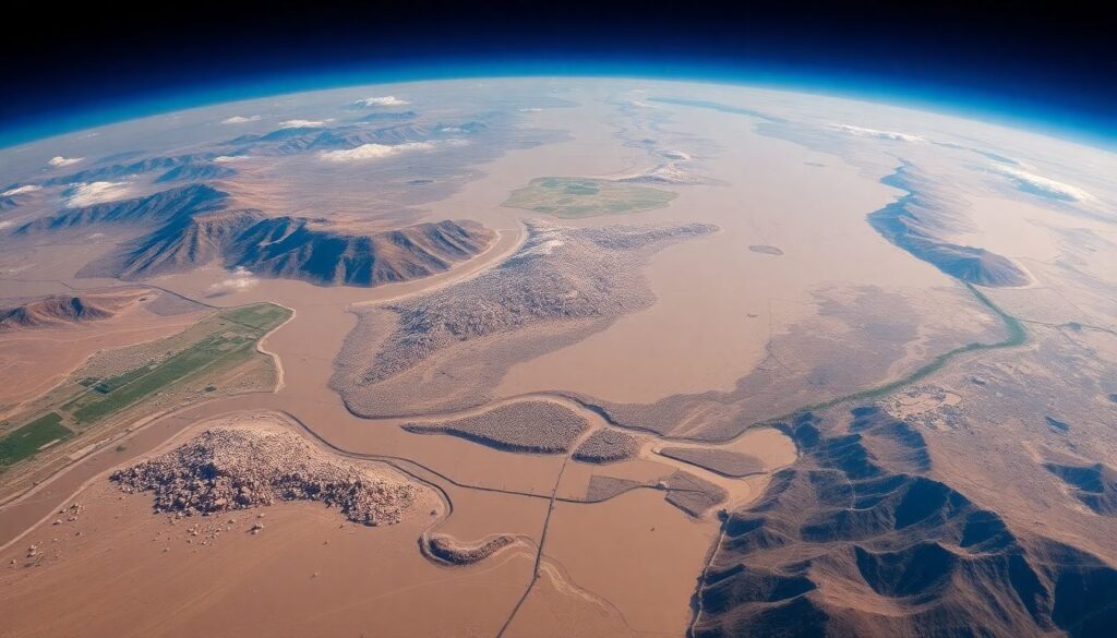 A dramatic satellite image of the flooded Melamchi Valley, with debris and mud covering the landscape, contrasting with a clear blue sky, highlighting the devastating impact of the flood.