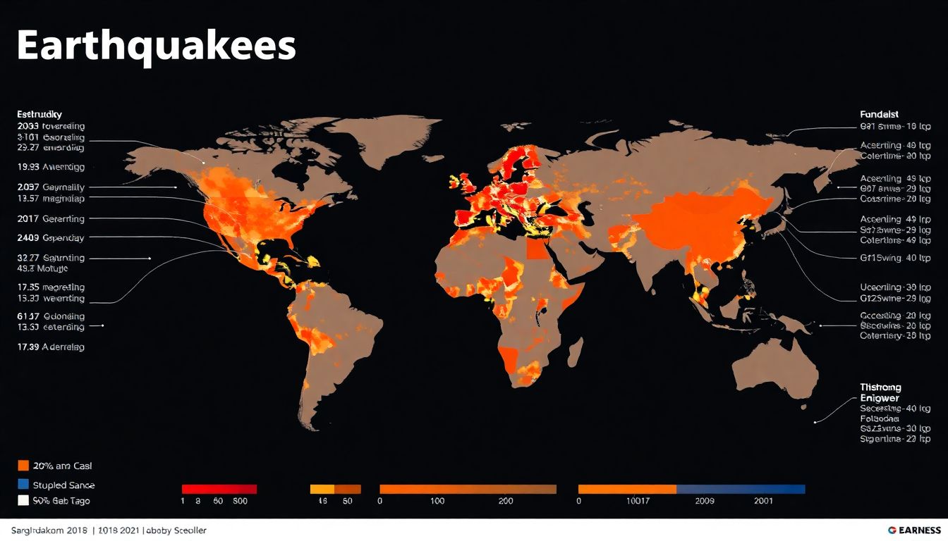 An infographic showing the global distribution of earthquakes and their magnitudes.