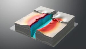 A dynamic 3D illustration of a complex fault system, showing slip and vertical velocity of seismic waves, inspired by Palgunadi et al. [2024], Figure 3.