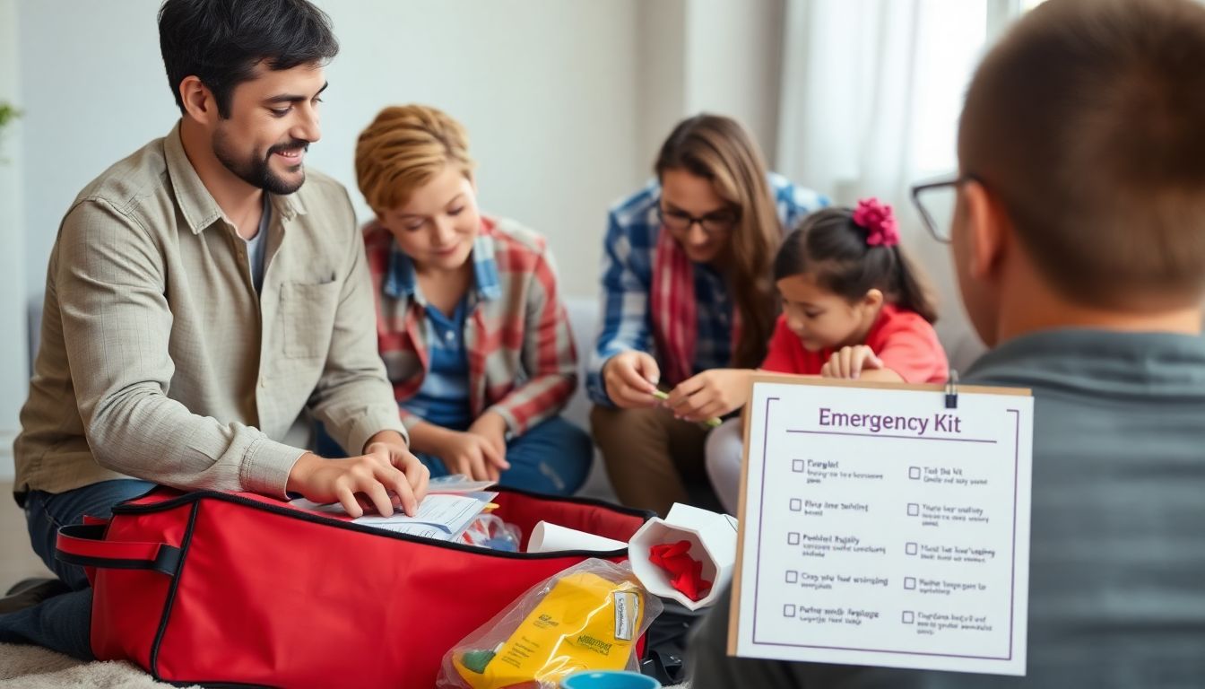 A family packing an emergency kit, with a checklist in the corner.