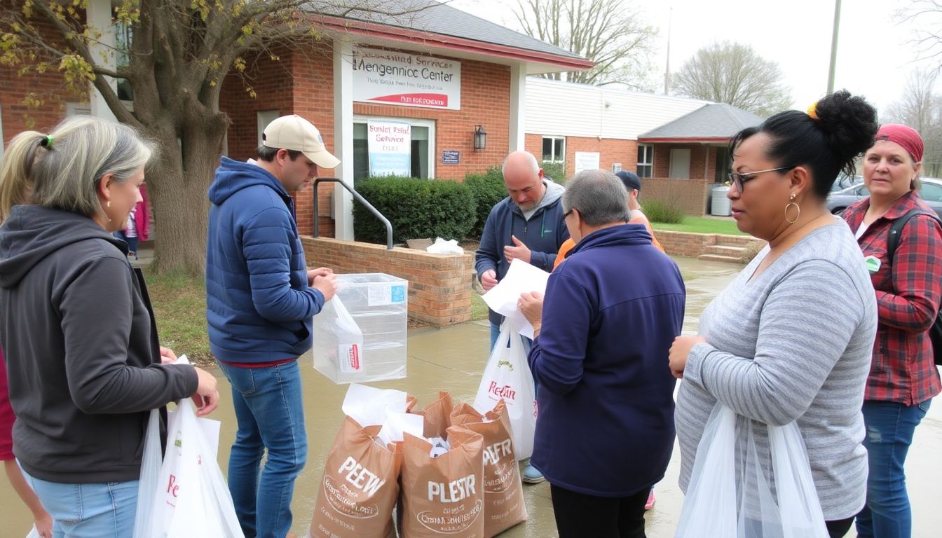 A group of neighbors helping each other prepare for a flood, with a local community center or emergency services building in the background.