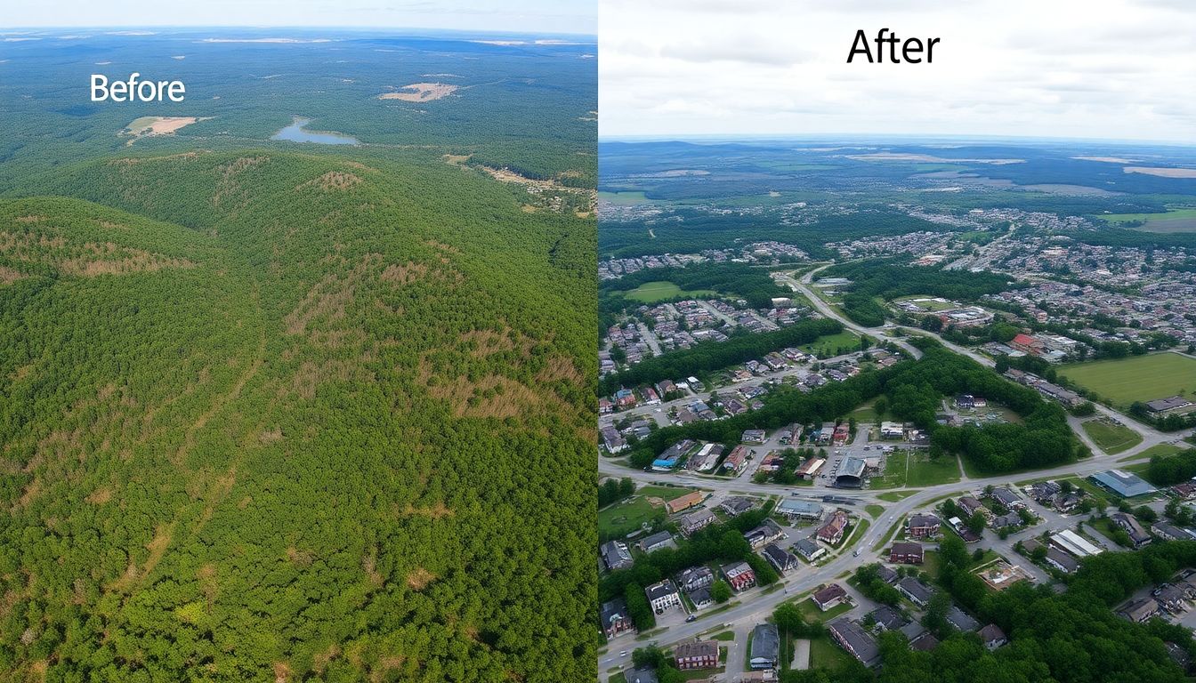 A before-and-after image of a Vermont landscape, showing deforestation and urban development.