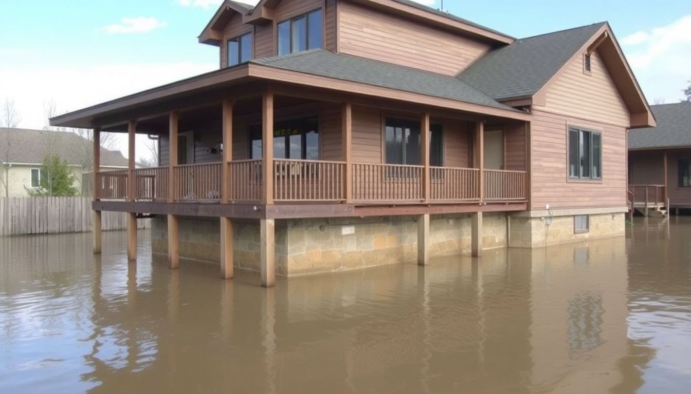 A home with flood-proofing measures in place, such as elevated foundations and waterproofing materials.