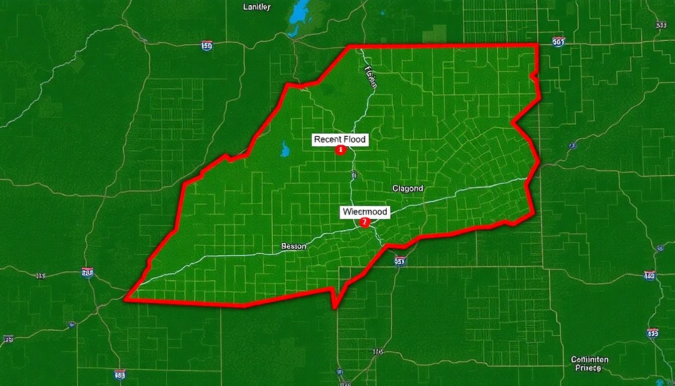 A map of Vermont with recent flood locations marked, surrounded by a red border.