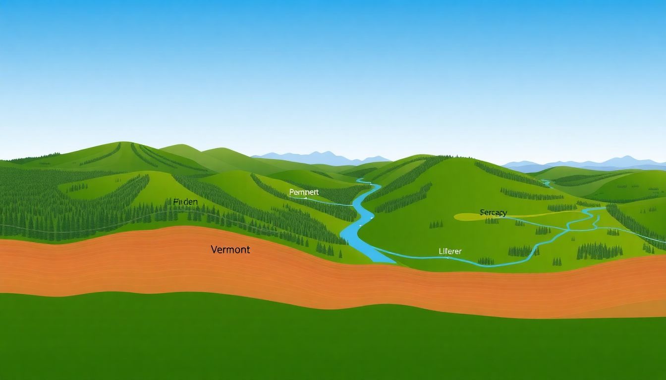 A cross-section diagram of Vermont's terrain, showing hills, rivers, and precipitation patterns.