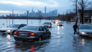 A dramatic image of flooded streets in Connecticut or Long Island, with cars submerged and people wading through water, with the skyline in the background, symbolizing the catastrophic flooding event.