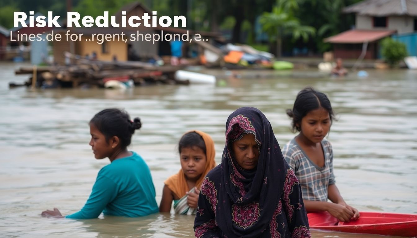 An image of people affected by a flood disaster, highlighting the urgent need for risk reduction.