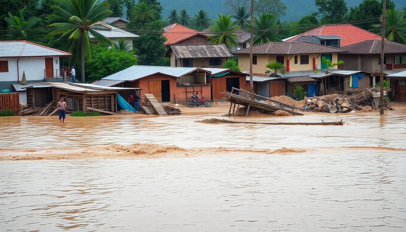 An image of a flood disaster striking a community, with people working together to rebuild and adapt.