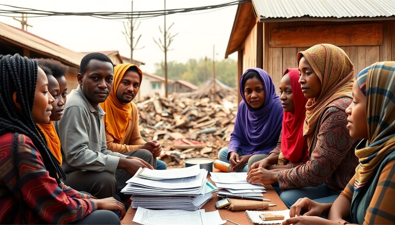 A community coming together to prepare for a potential disaster, with visuals of emergency savings, insurance documents, and diverse revenue streams.