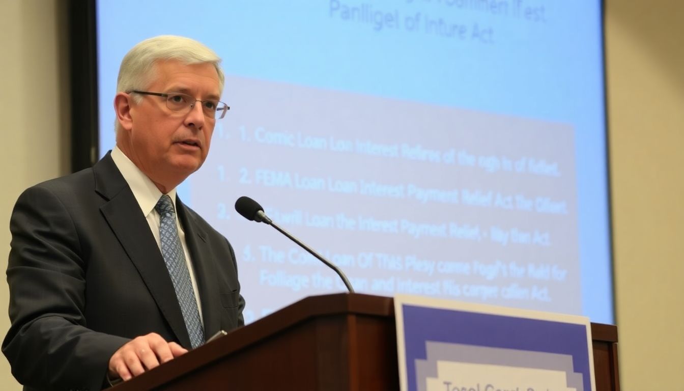 Congressman Webster speaking at a podium, with the FEMA Loan Interest Payment Relief Act displayed on a screen behind him.