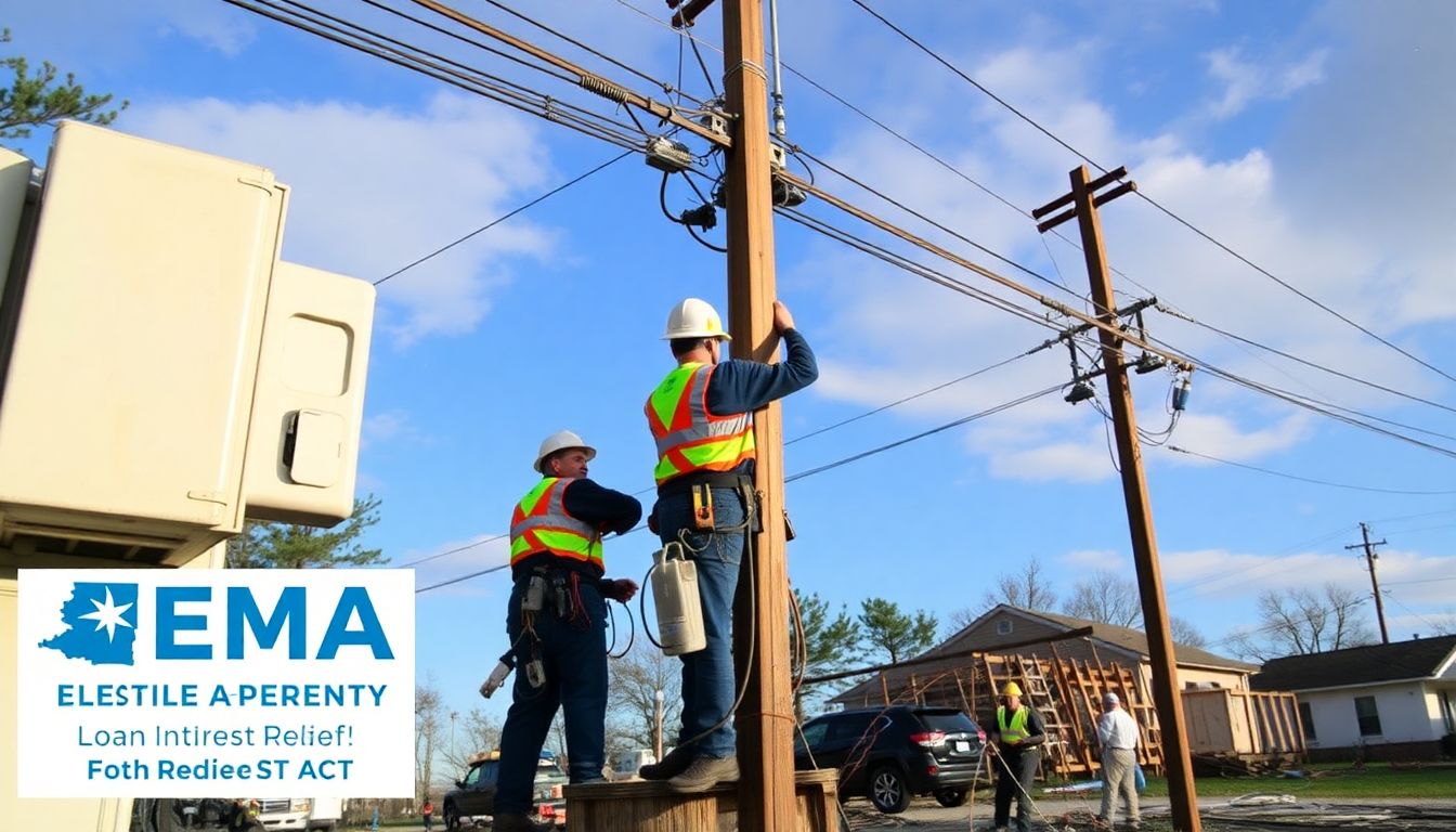 Electric cooperative workers restoring power after a natural disaster, with the FEMA Loan Interest Payment Relief Act logo visible in the corner.