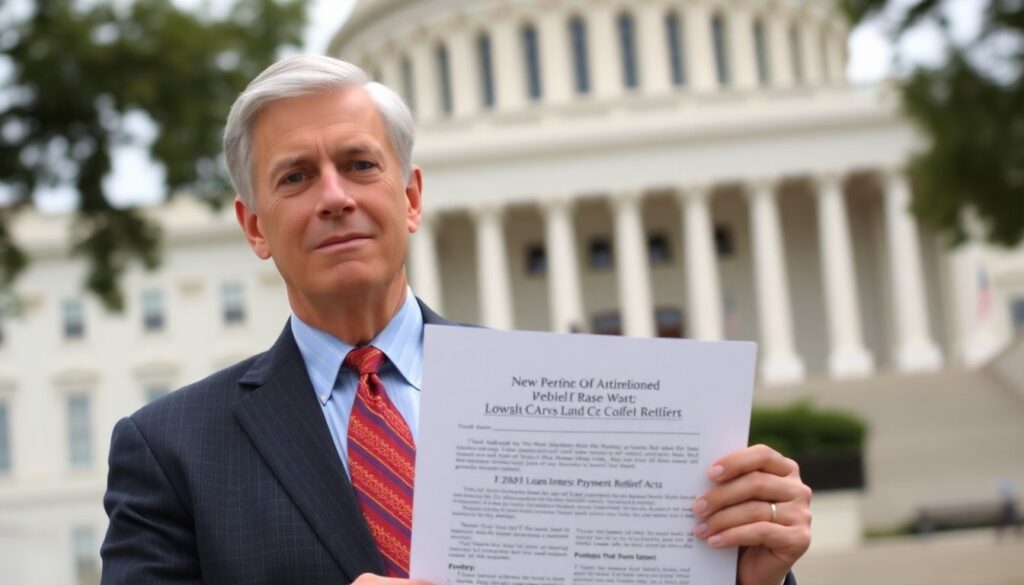 A confident Congressman Daniel Webster standing in front of the U.S. Capitol, holding a copy of the newly passed FEMA Loan Interest Payment Relief Act, with a hopeful and determined expression on his face.