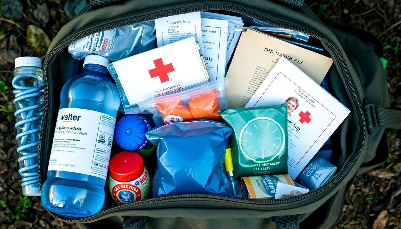 A well-stocked prepper's bug-out bag, containing essential supplies like water, food, first aid kit, and important documents, ready for any situation