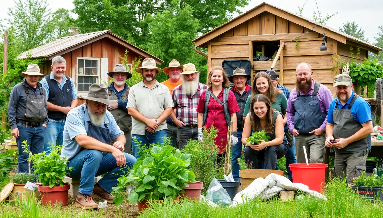 A diverse group of preppers, ranging from homesteaders to tech-savvy individuals, engaged in various activities like gardening, learning first aid, or building structures