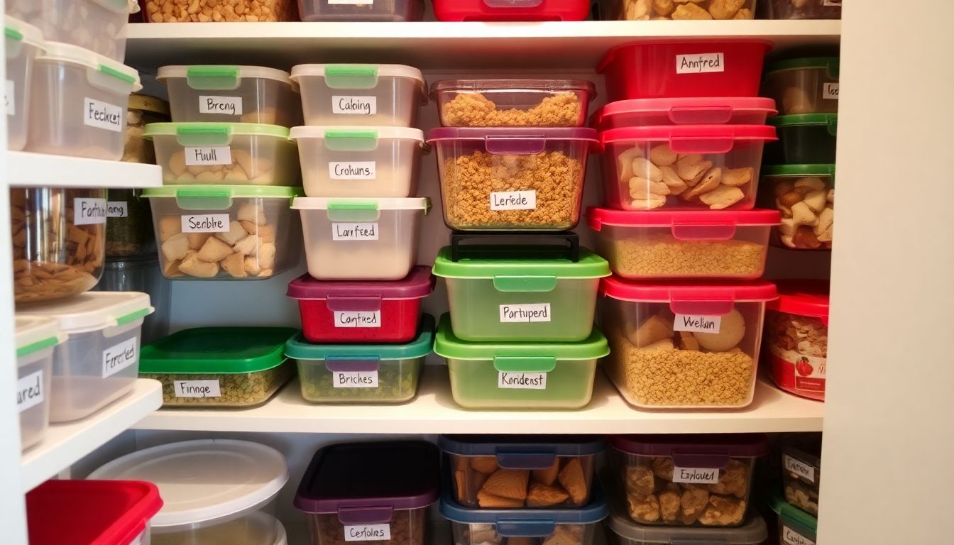 A well-organized pantry filled with labeled Tupperware containers, with a proud six-year-old's handwriting visible on some of the labels