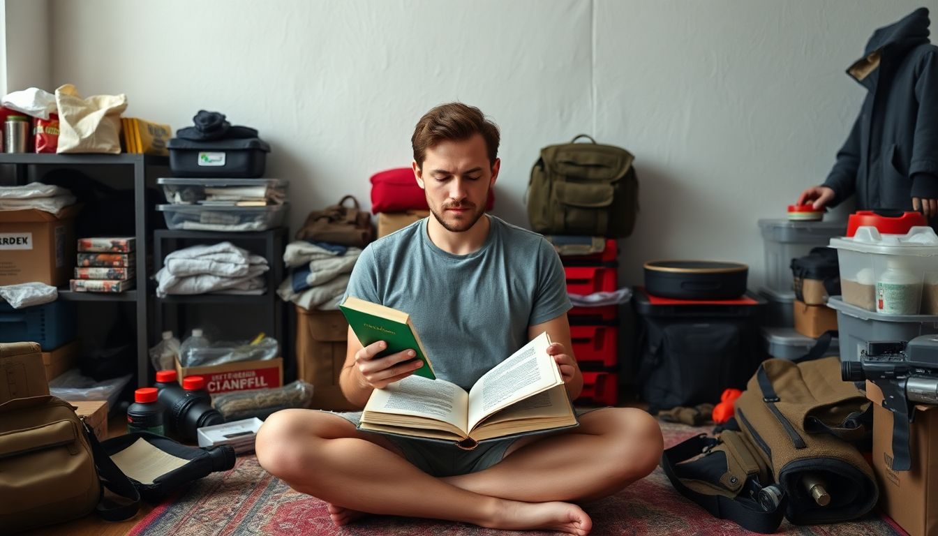 A person engaged in a relaxing self-care activity, like reading a book or practicing yoga, surrounded by organized emergency supplies and prepper gear