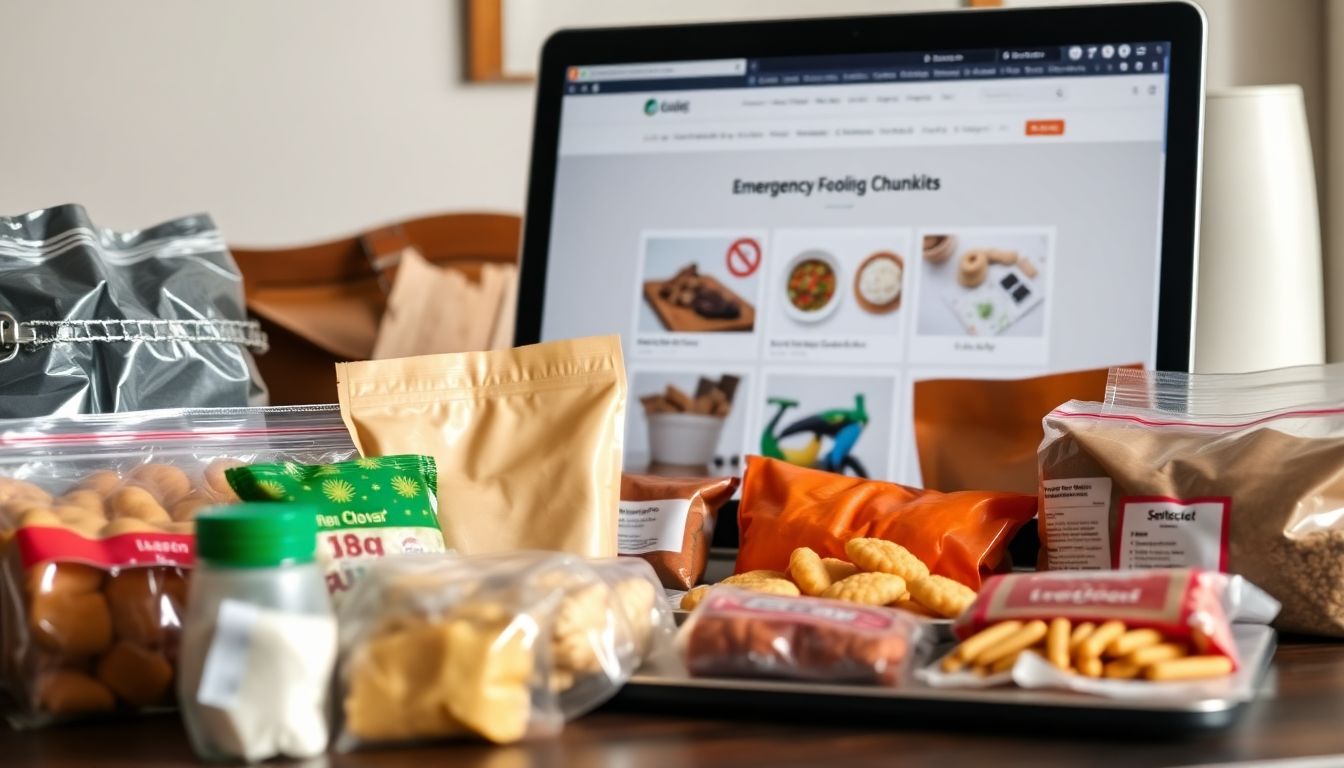 A variety of emergency food kits and supplies available for purchase online, with a UK-based website open on a laptop screen in the background