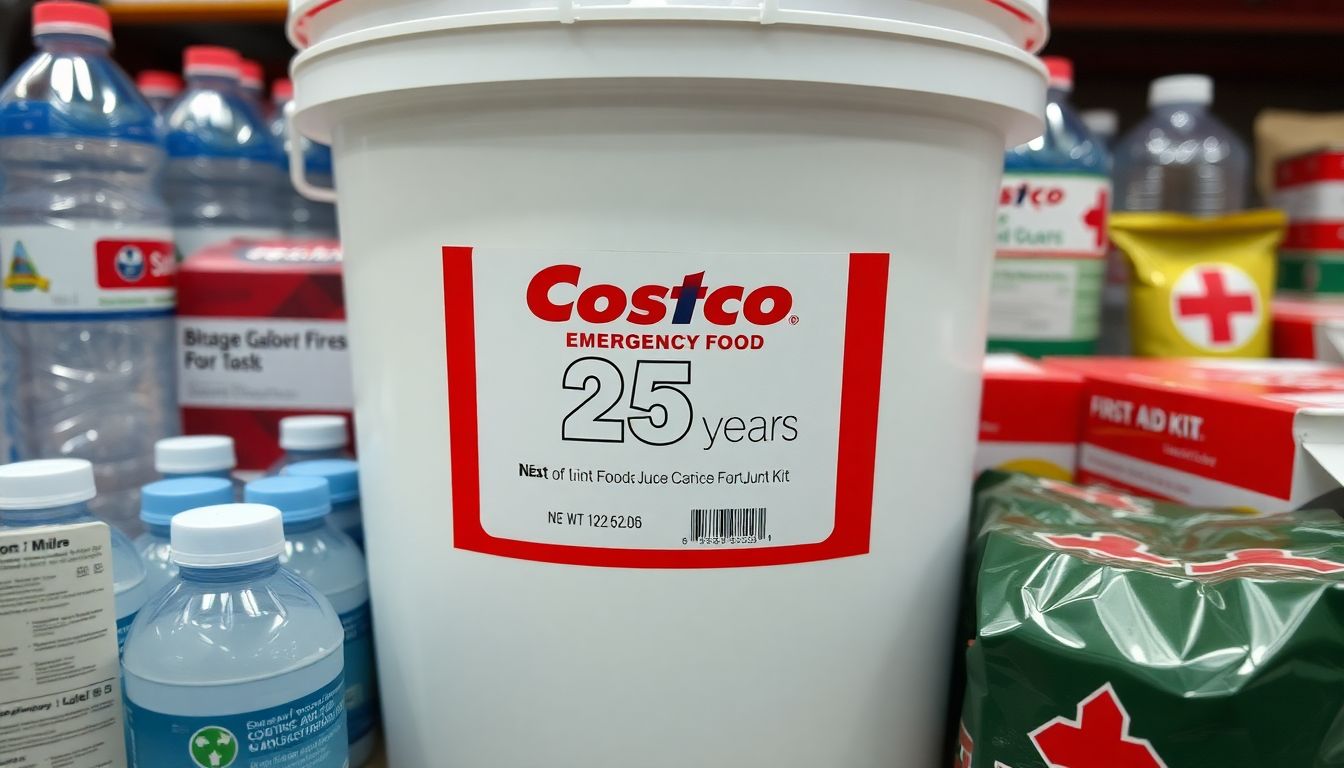 A close-up of a Costco emergency food bucket, with the 25-year shelf life label prominently displayed, surrounded by other emergency supplies like water bottles and first aid kits