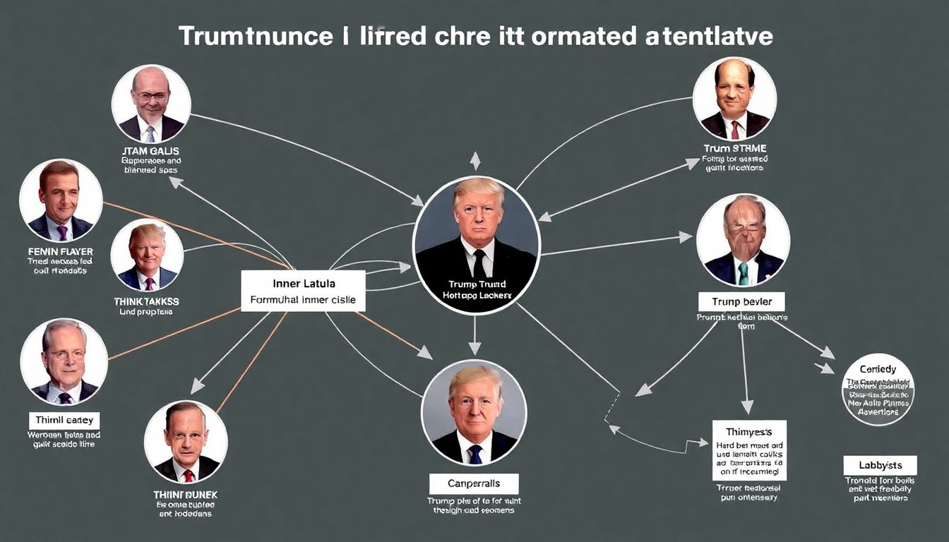 An infographic illustrating the connections between foreign leaders, Trump's inner circle, think tanks, and lobbyists, with arrows showing the flow of influence.