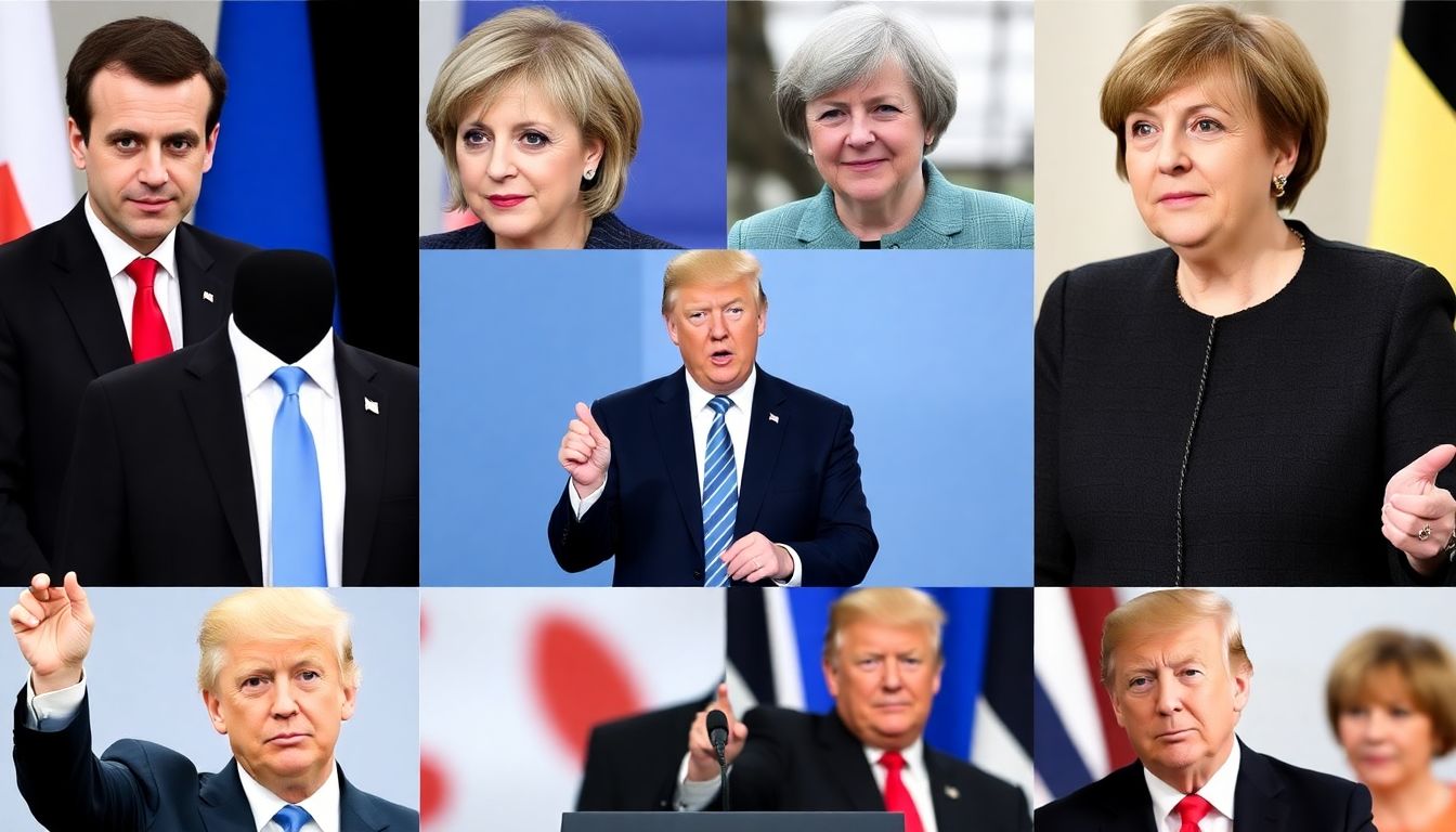 A collage of world leaders, including Emmanuel Macron, Theresa May, Angela Merkel, and others, with Donald Trump at various events.