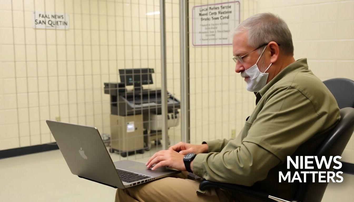 A photograph of Steve Brooks working on his laptop inside San Quentin Rehabilitation Center, with a 'Local News Matters' logo visible.