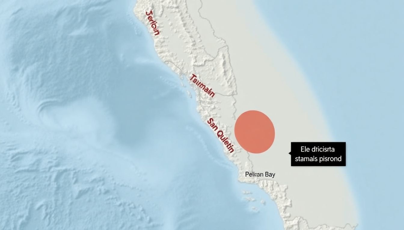 A map of California with tsunami zones highlighted, including the locations of San Quentin and Pelican Bay State Prisons.