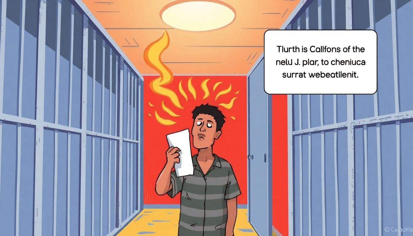 An illustration of an overheated prison cell, with an inmate fanning themselves with a piece of paper, highlighting the lack of cooling systems in California prisons.