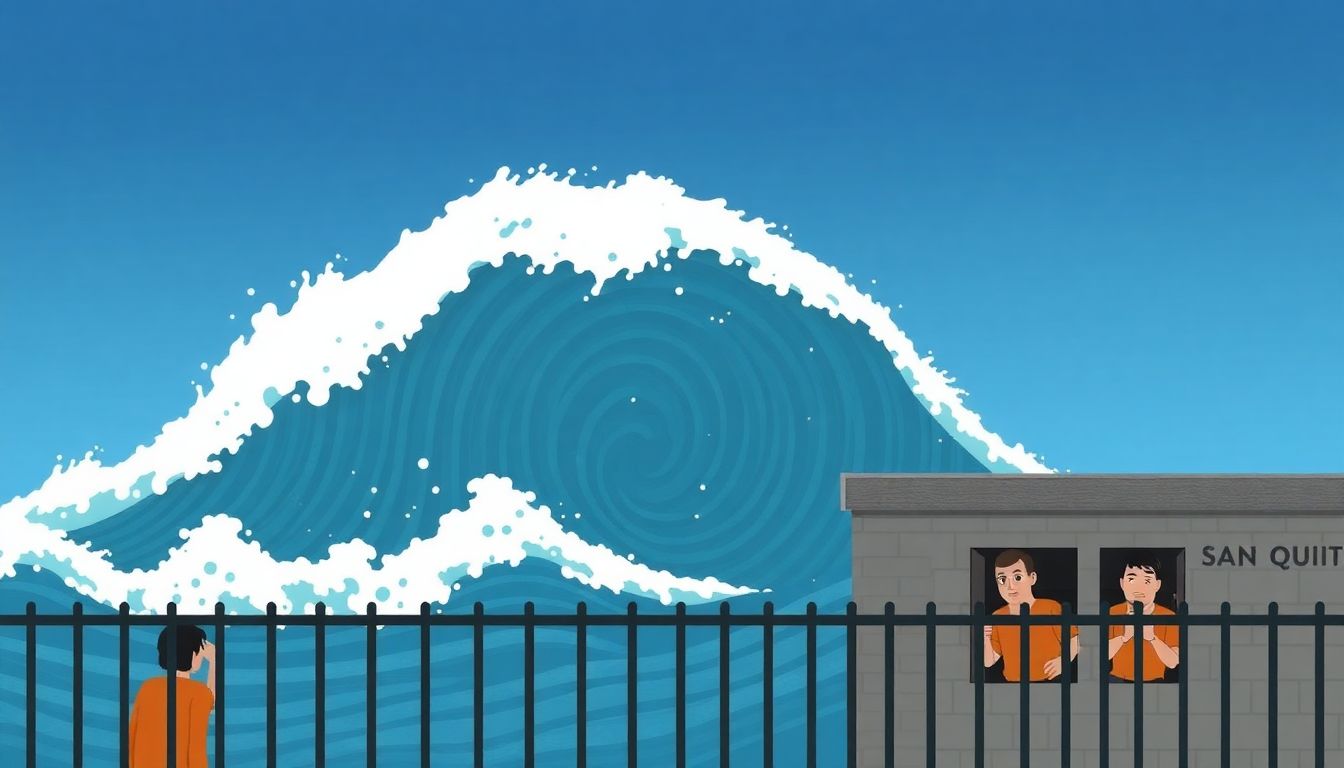 An illustration of a tsunami wave approaching San Quentin State Prison, with inmates looking worriedly out of their cells.