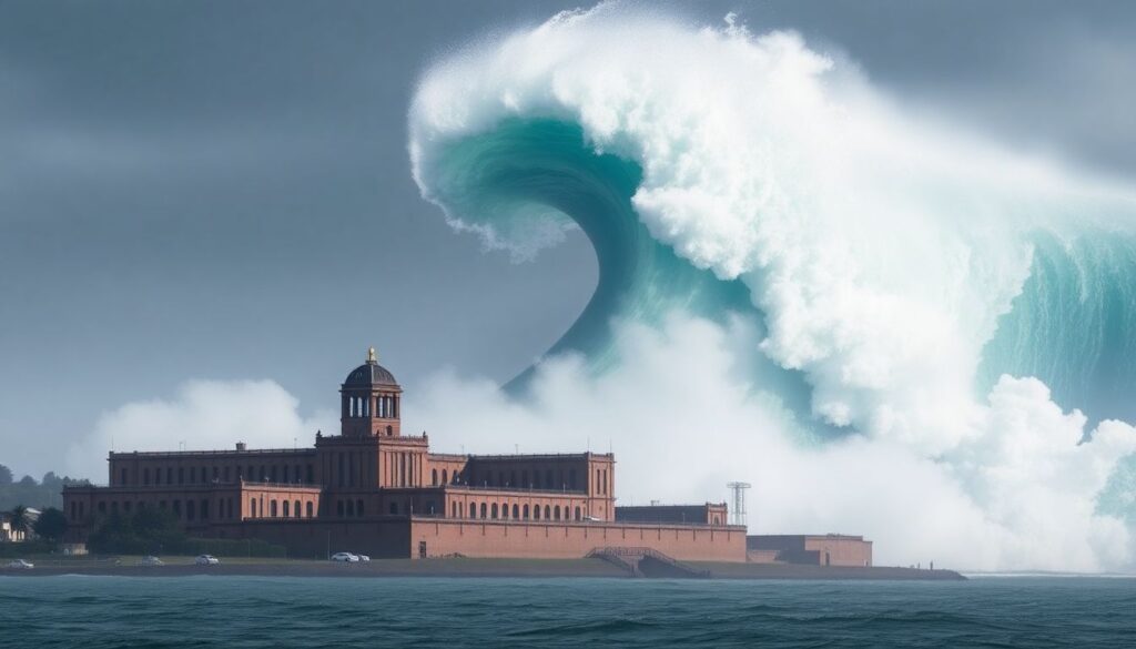 A striking image of San Quentin State Prison with a tsunami wave crashing in the background, highlighting the vulnerability of the prison and its inmates.