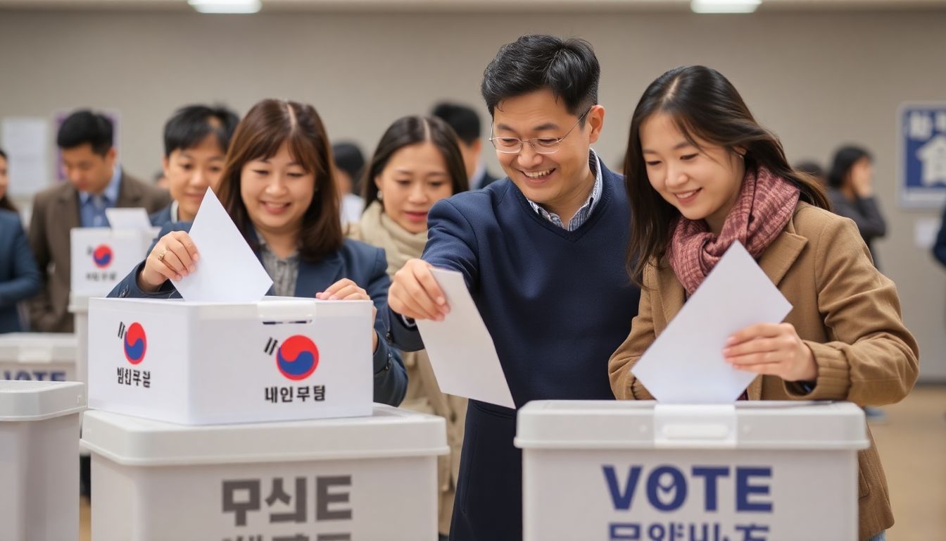 A hopeful image of South Koreans voting in an election, symbolizing the country's democratic process and the importance of citizen engagement.