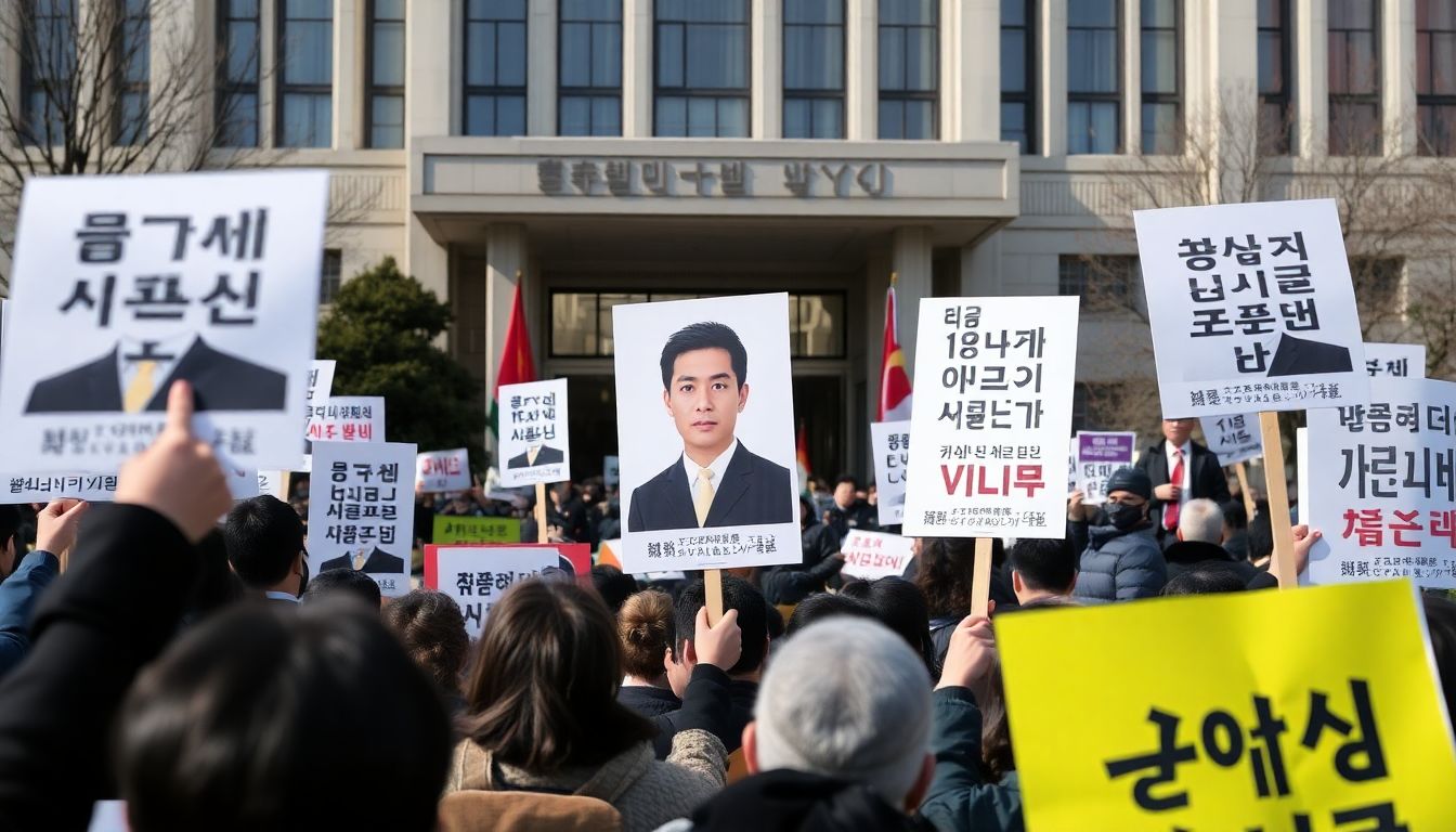 A crowd of protesters holding signs calling for Yoon Suk Yeol's resignation, with the presidential office in the background.