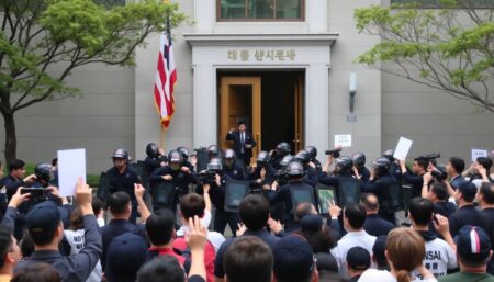 A chaotic scene outside the presidential office in Seoul, with police attempting to raid the building while protesters gather, reflecting the turmoil in South Korea's political landscape.