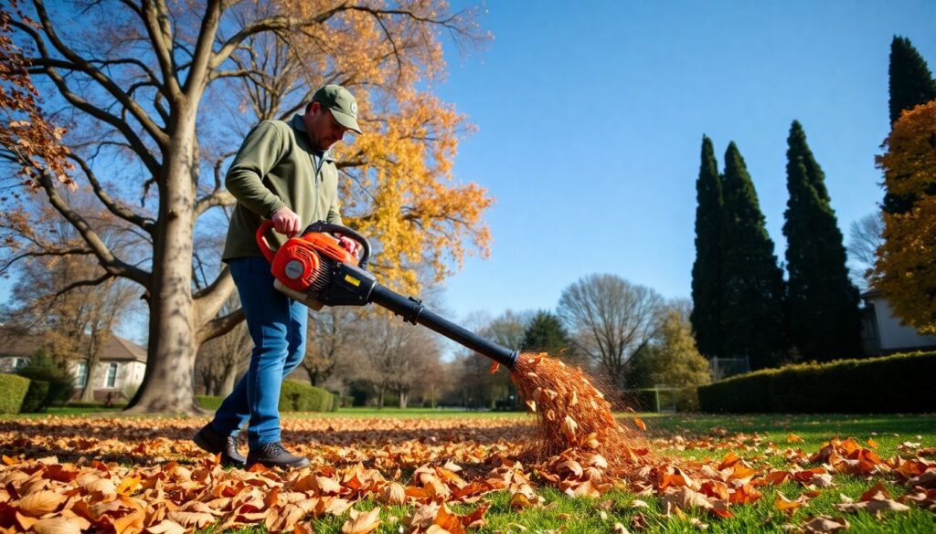 A gardener operating a leaf blower in Claremont, California, surrounded by fallen leaves and a clear blue sky, with the city's iconic trees in the background.