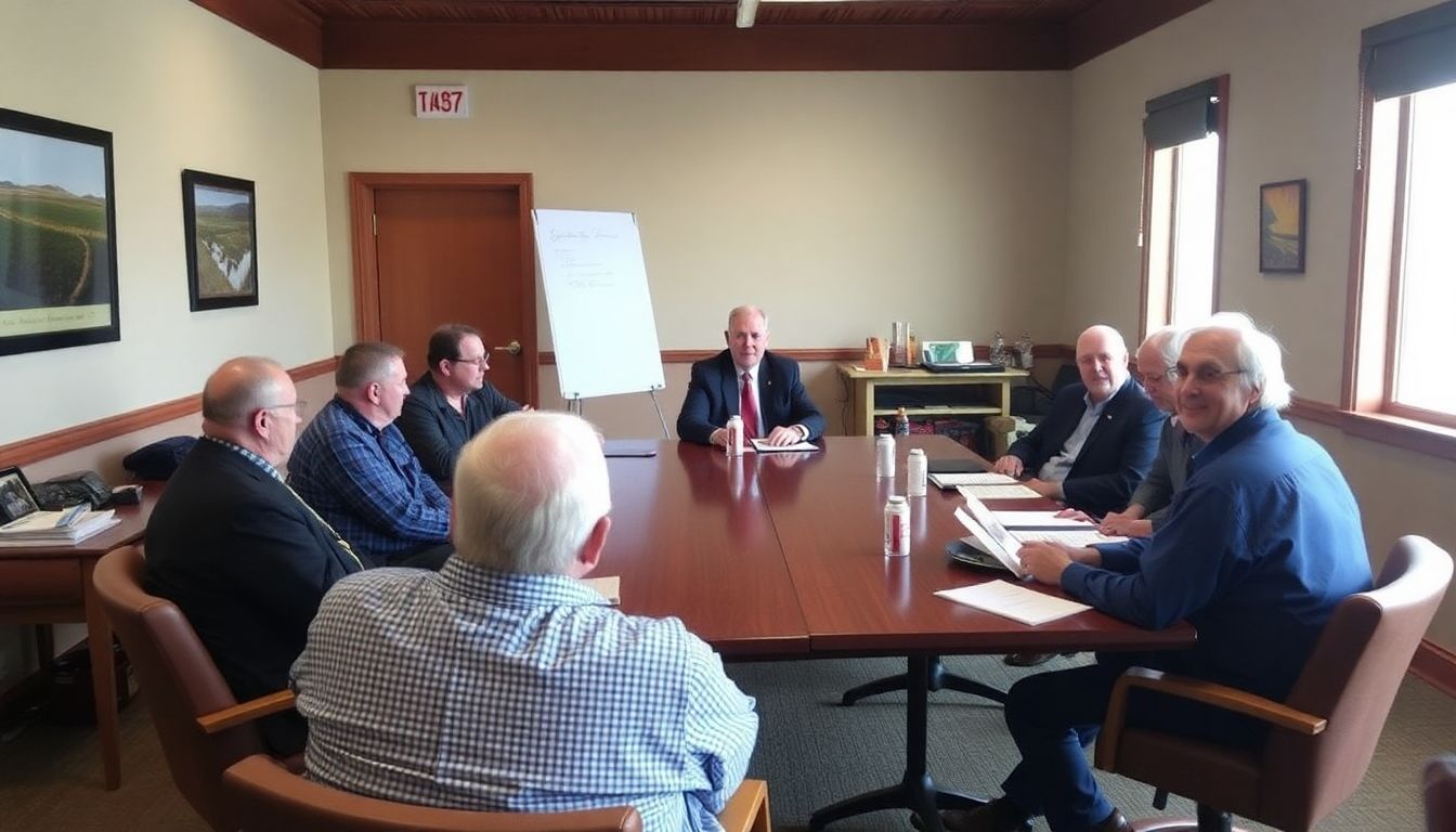 Farmers meeting with Senator Grassley, presenting a well-researched proposal for disaster aid