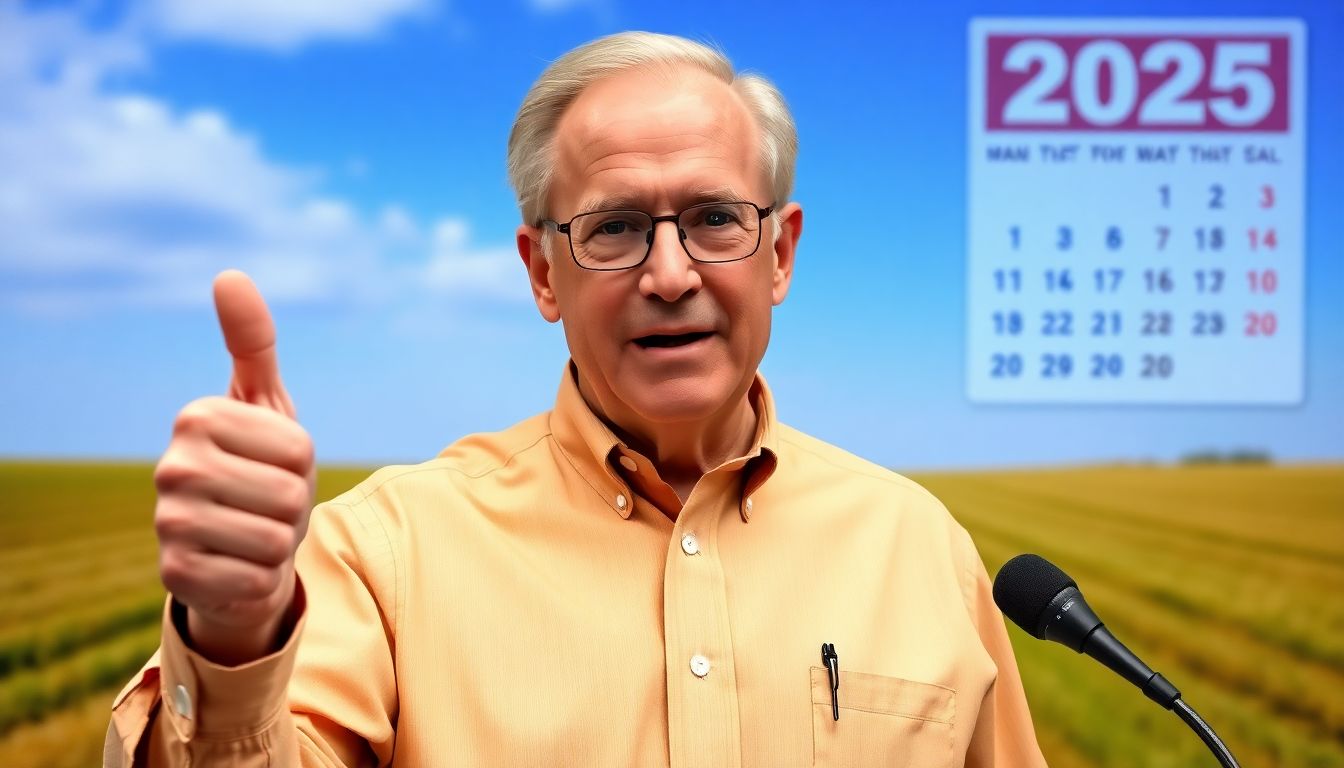 A confident Senator Grassley giving a thumbs-up, with the farm bill and a calendar showing 2025 in the background