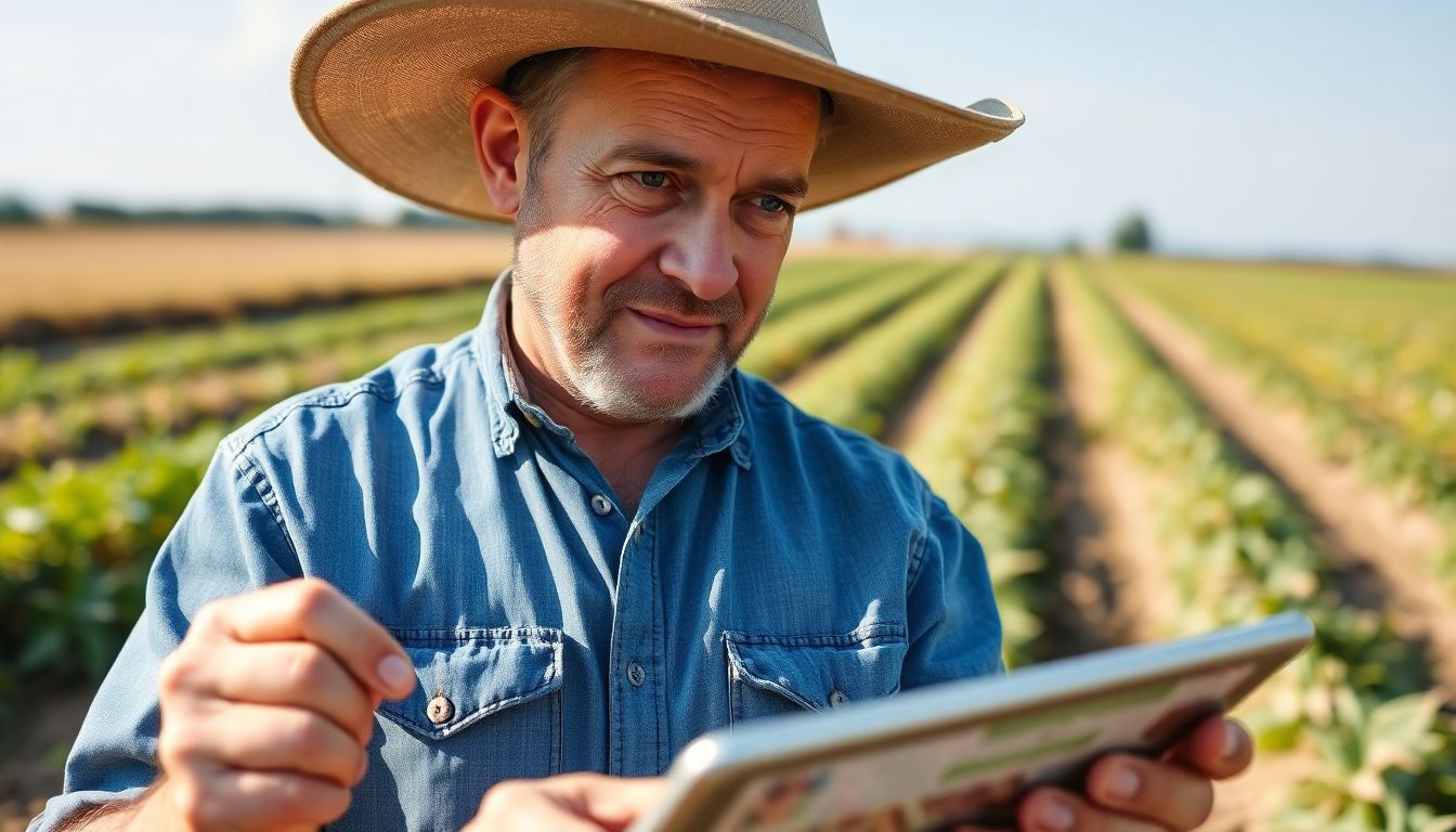 A farmer checking agricultural news on their tablet, with a determined look on their face