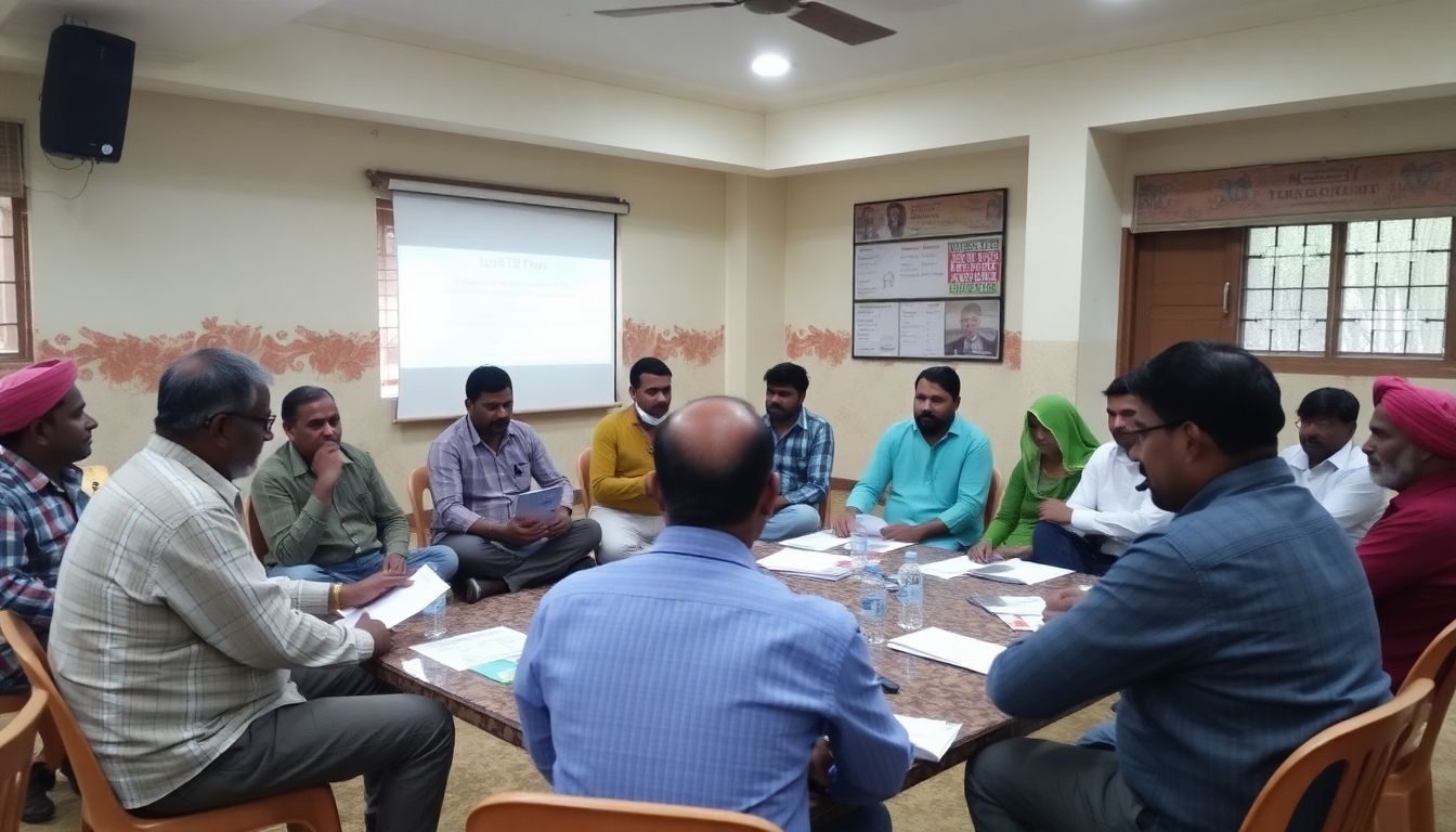 A community meeting to discuss disaster preparedness, with farmers actively participating