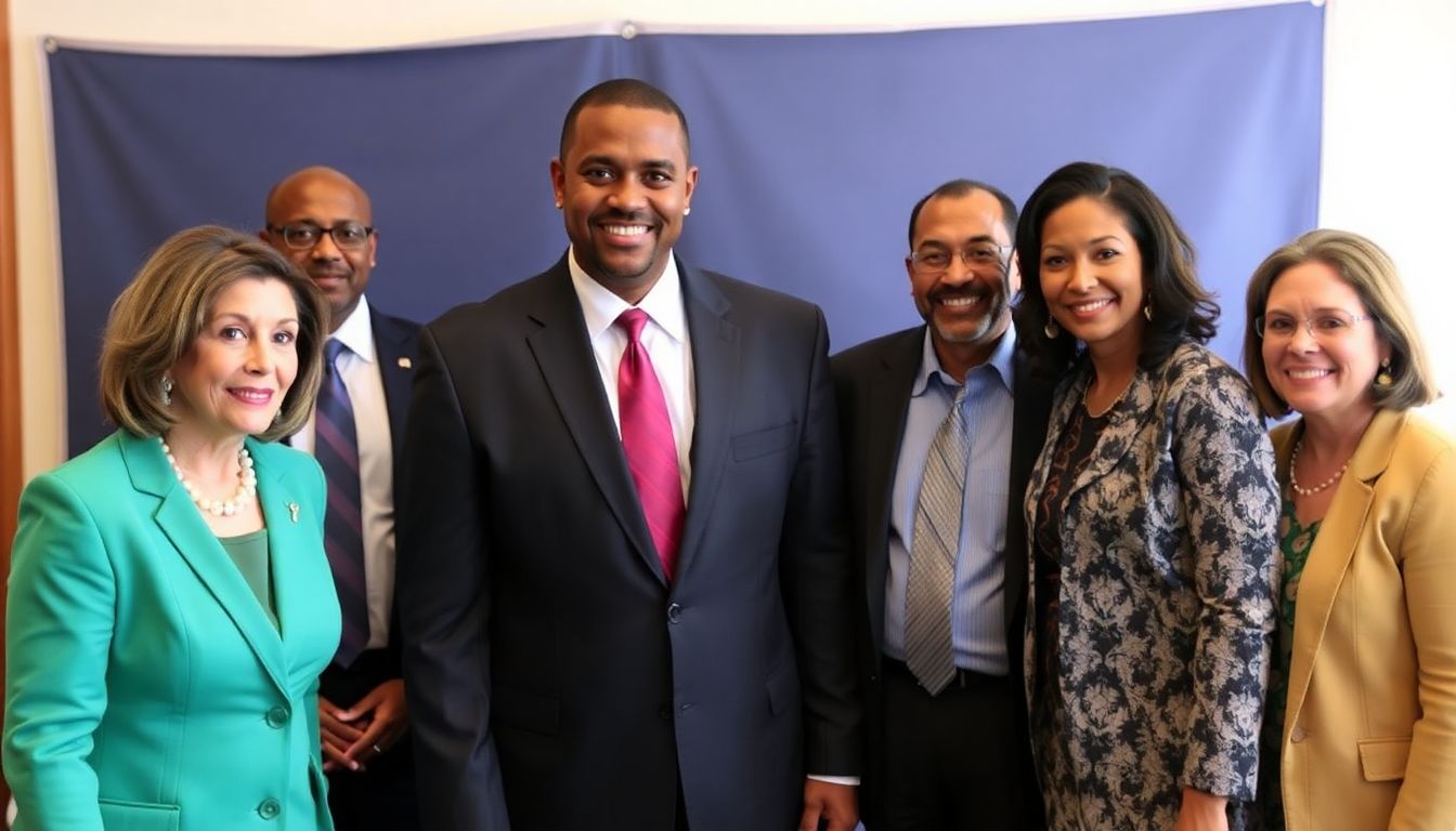 Photographs of Nancy Pelosi, Hakeem Jeffries, and the Steering Committee members together