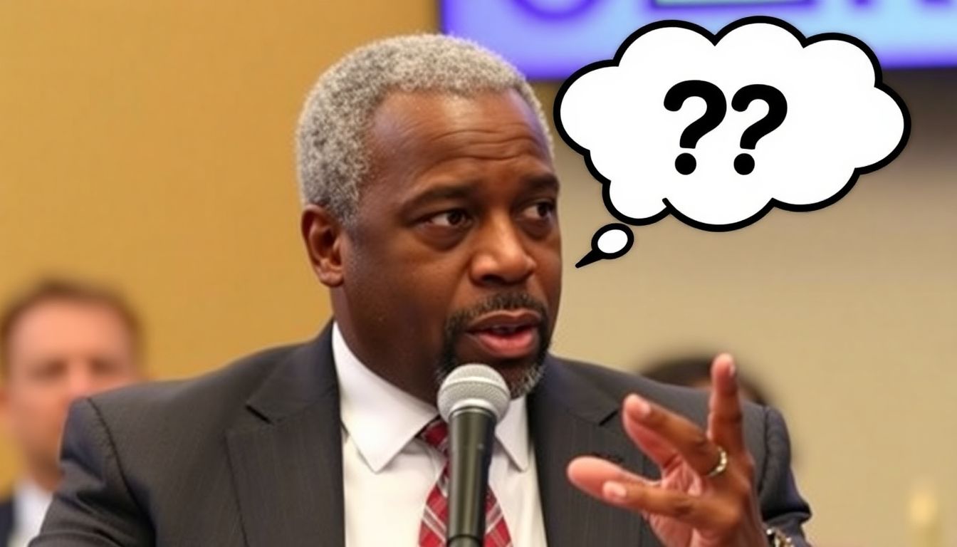 A photograph of Rep. David Scott addressing a meeting, with a thought bubble showing a question mark about his future